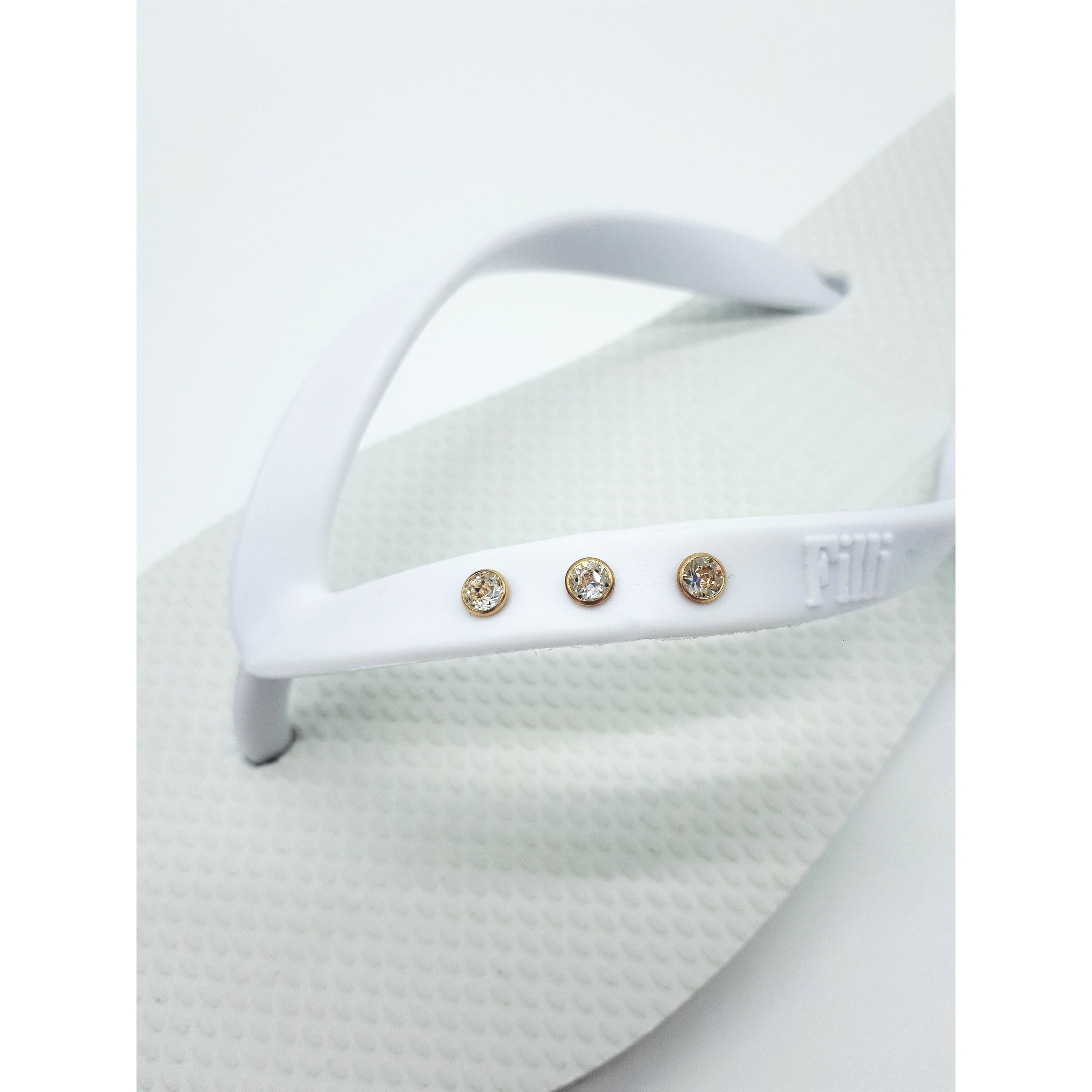 Filli London St Tropez Crystal Flip Flops in White, featuring Swarovski® crystals and a stylish design.